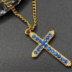 Goldtone Cross Necklace Blue Rhinestone Cross Pendant Vintage Necklace